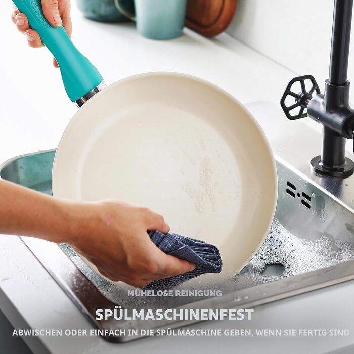 Набір керамічного посуду GreenPan Rio 16 предметів, антипригарне покриття без PFAS, каструлі та сковороди, бірюзовий та кремовий