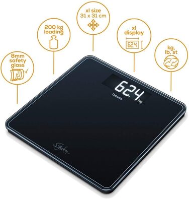 Ваги підлогові Beurer GS 400 Signature Line, скляні, чорні, велика платформа 31x31 см, дисплей XL, вантажопідйомність до 200 кг