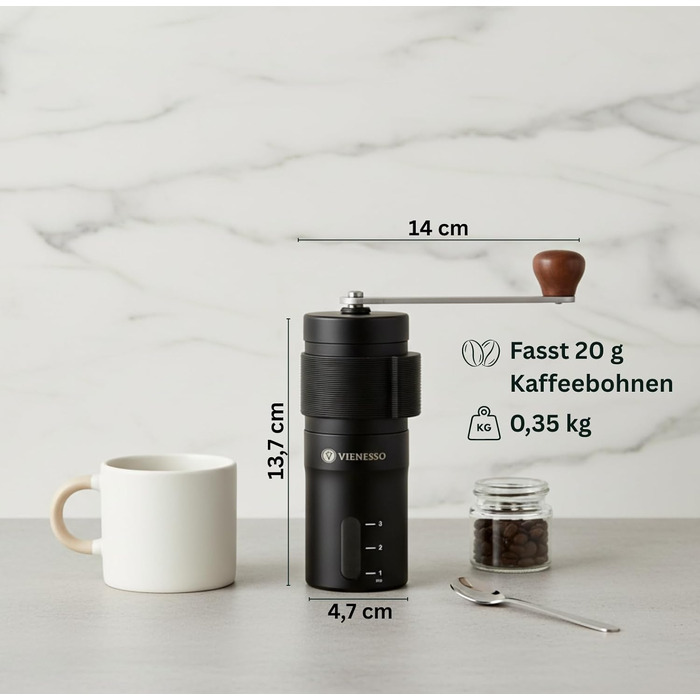 Ручна кавомолка Kaffeemühle з керамічними жорнами, чорна | Регульований помел для еспресо, компактна, для дому та подорожей
