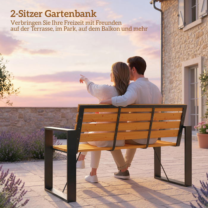 Двомісна лавочка для саду Gartenbank: міцна, стійка до погодних умов дерев'яна лавочка з ламелевою конструкцією та підлокітниками. Максимальне навантаження до 240 кг. Виготовлена з натурального дерева.