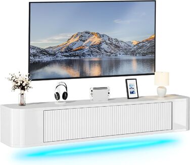 Підвісна тумба під телевізор YITAHOME 140 см з RGB підсвіткою, біла. Настінна поличка для ТБ з великим об'ємом для вітальні та спальні