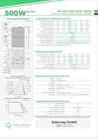 Двостороння сонячна панель Solarway Full Black Bifacial Glass/Glass n-type 500 Вт для балкона
