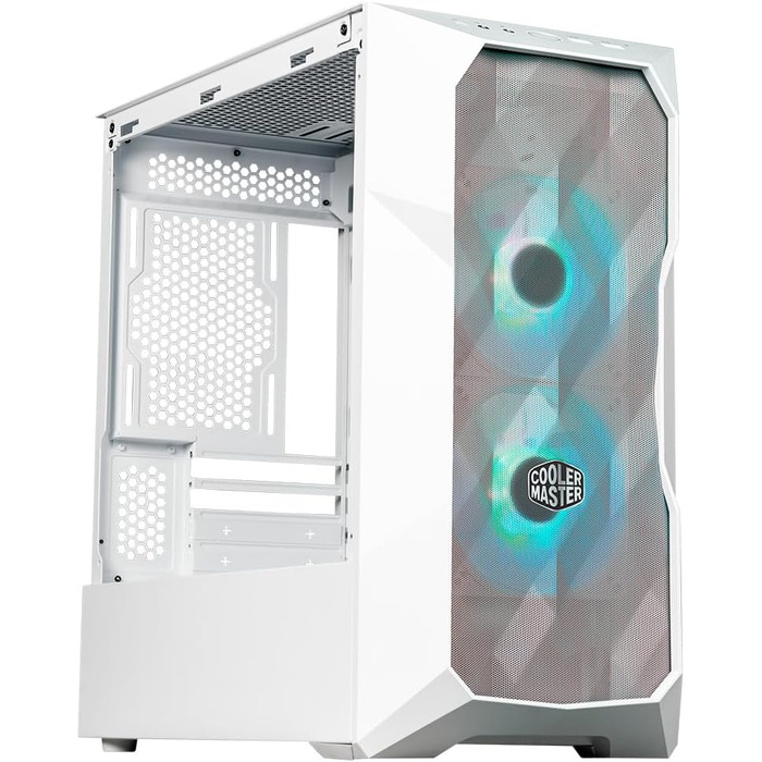 Корпус Cooler Master TD300 Mesh White Mini-Tower для Micro-ATX/Mini-ITX, білий, із сітчастою передньою панеллю для покращеного повітряного потоку, 2 ARGB-вентилятори 120 мм, бічна панель із загартованого скла, знімна верхня кришка, ARGB/PWM-хаб