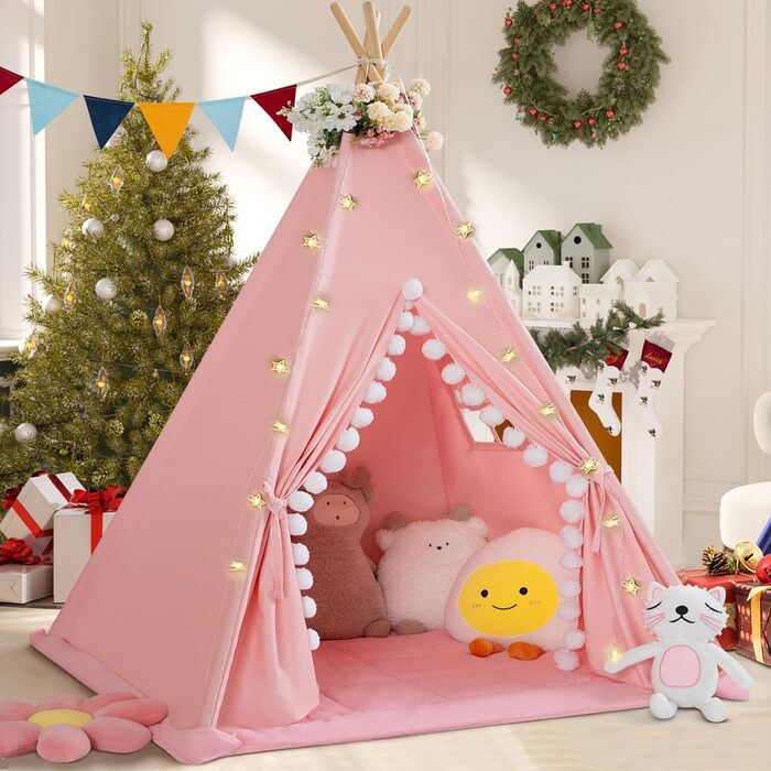 Дитяче намет Tipi з м'якою матрацом, бавовна, канвас. Намет Tipi для дітей з гірляндами, сумкою, прапором (білий, рожевий)