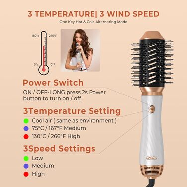 UKLISS Hairstyler 6 в 1: Професійний фен-щітка з насадками для укладки волосся 1000 Вт, повітряна щітка, мультистайлер, білий (золотий)