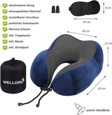Дорожній набір WELLGRO: ортопедична подушка для шиї з пам'яттю форми, 3D маска для сну, беруші, знімний чохол, темно-синя
