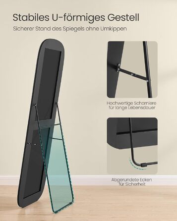 Дзеркало в повний зріст SONGMICS 160x50 см, чорне: якісне скло, алюмінієва рама, для спальні та гардеробної