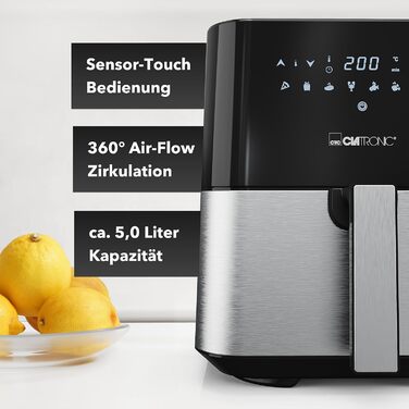 Аерофритюрниця Clatronic XXL 5 л, цифровий сенсор, 8 програм, нержавіюча сталь, 360° циркуляція повітря, фритюрниця без олії