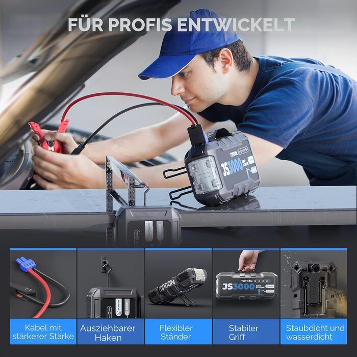 Бустерний пускач TOPDON JS3000 3000A, портативний Jump Starter для авто (бензин до 9л, дизель до 7л), Powerbank 24000mAh з LED-ліхтарем та чохлом