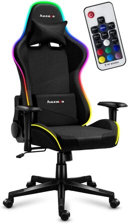 Ігрове крісло Huzaro Force 6.2 RGB Mesh з LED-підсвіткою, ергономічне, чорне, до 130 кг, регульована висота, підголівник і поперекова підтримка, тканина карбон