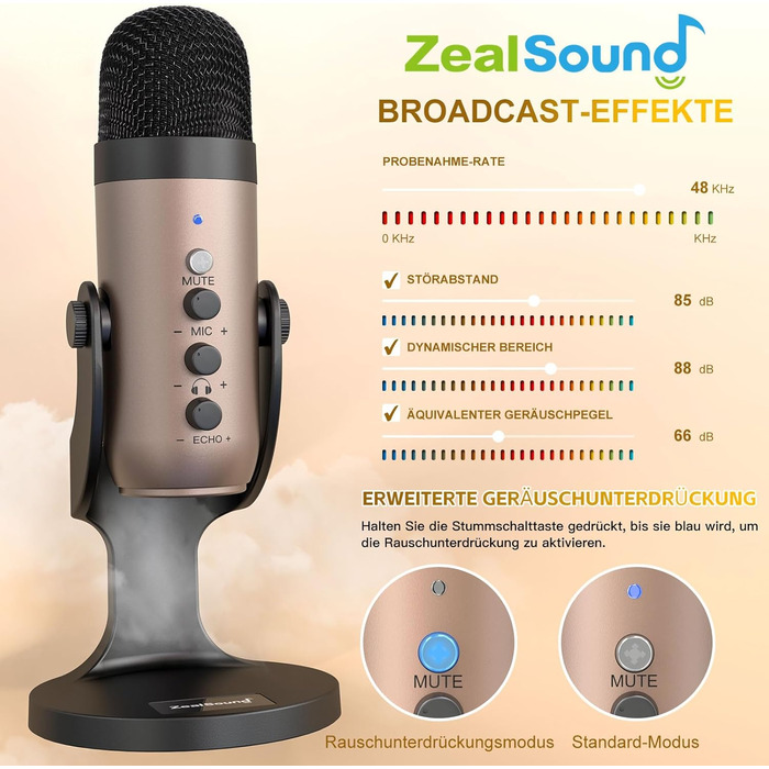 Zealsound USB мікрофон K66 Gold для ПК, смартфонів, PS4/5, конденсаторний, з шумозаглушенням, кнопкою вимкнення та ехоефектом, для ігор, запису, стрімінгу, YouTube, сумісний з Mac та Windows